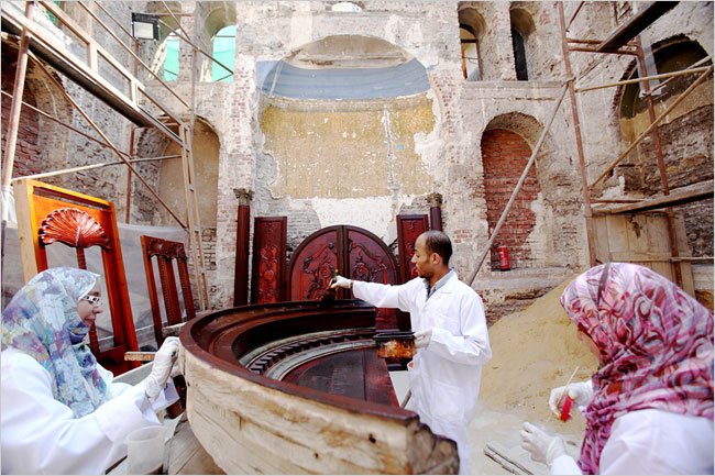 Restoration work being done last month at a synagogue where Moses Maimonides once worked and studied in Cairo. Credit Shawn Baldwin for The New York Times